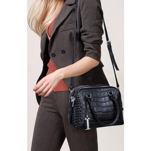 Genuine Leather Elegant Women Handbag Office Luxury Crocodile Pattern Cowhide Shell Tote Female Zipper Multi-Layer Shoulder Bags