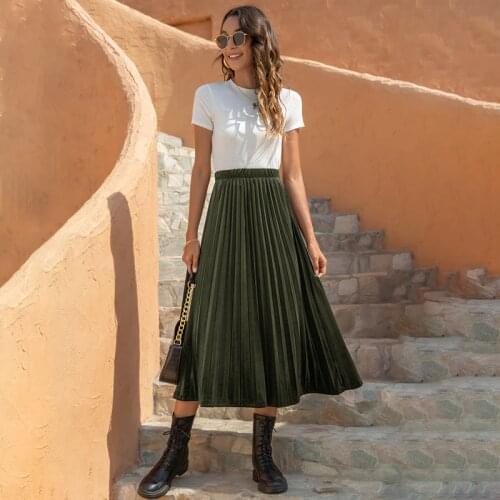 Harajuku Korean Women Velour Folds Pleated Skirts Spring And Summer High Waist Plus Size Casual Streetwear Female Midi Skirt