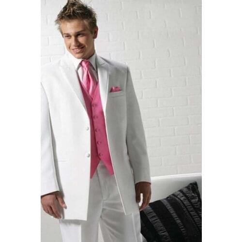 Custom Made Best Selling Popular White Groom Men Suit With Pink Vest,Bespoke White Tuxedo,Tailored 2 Button Peak Lapel Mens Suit