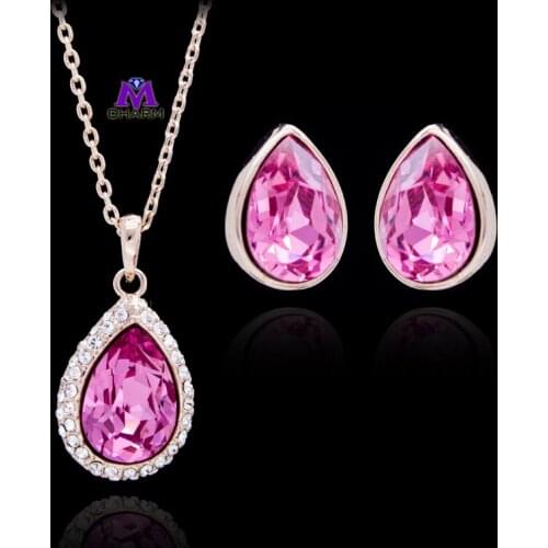 Italina New Arrival,Real Gold Plated Swiss Cubic Zircon And Pink Crystal Water-Drop Earrings And Necklace Jewelry Set For Women