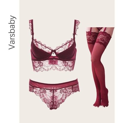 Varsbaby Sexy Lace Floral Thin Cotton Cup Underwear Lady Five Buckle Bra Sets 3Pcs/Lots