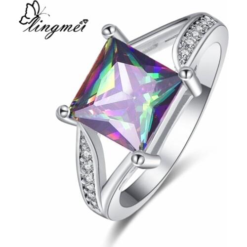 Lingmei New Arrival Princess Multicolor Blue White CZ Silver Color Ring Size 6-9 Classic Fashion Women Men Jewelry Wholesale