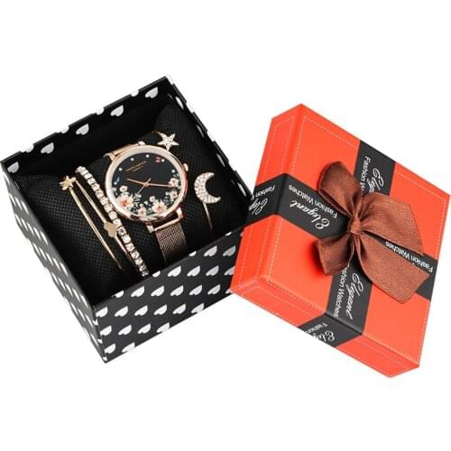 6pc/Set Watch Bracelet Set Womens Flower Print Diamond Dial Quartz Watches Multilayer Open Cuff Heat Star Bangle Gift Box Sets