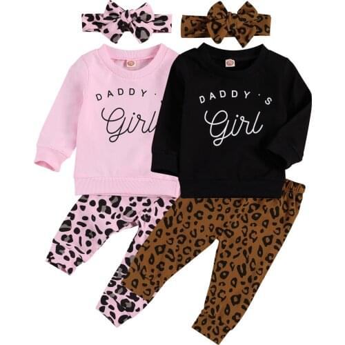 New Infant Kids Baby Girls 3Pcs Outfit Sets Long Sleeve Letter T Shirt Leopard Pants Headband Spring Autumn Clothing