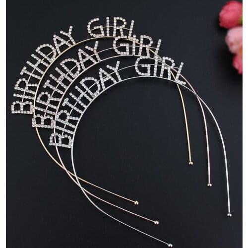 Women Girls Metal Alloy Thin Headband Imitation Crystal Rhinestone Birthday Letters Hair Hoop Party Styling Crown Photo Props