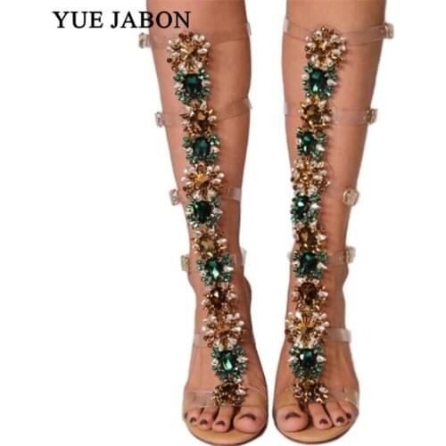 Sexy Pvc Transparent Gladiator Sandals Woman Open Toe T-strap Rhinestone Diamond Clear High Heel Shoes Women Summer Long Boots