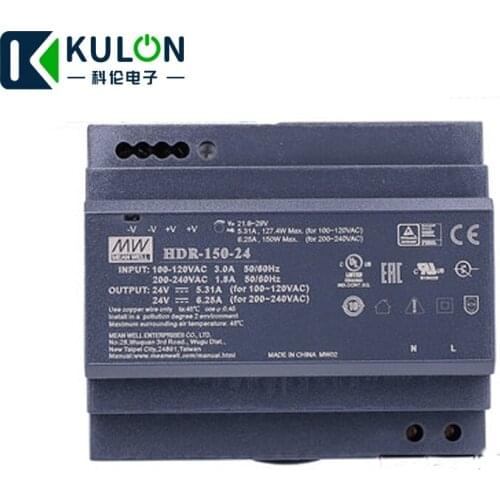 Meanwell HDR-150-24 24V 5.31A 127.4W 6.25A 150W slim step shape 85-264VAC 120-370VAC to DC Single output DIN Rail Power Supply