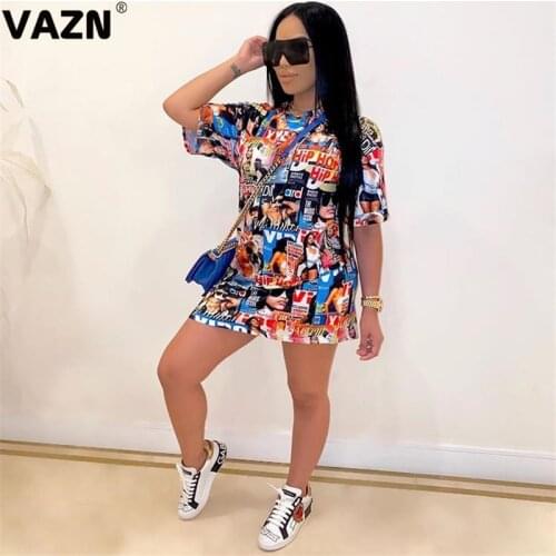 VAZN 2020 Cartoon Print Casual Mini Dresses Short Sleeve Deep Dress Sexy Beach Holiday Elegant Dress