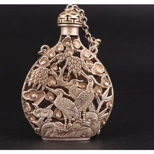 RARE CHINA TIBET SILVER PENDANT SNUFF BOTTLE HOLLOWED OUT CRANE MASCOT GIFT
