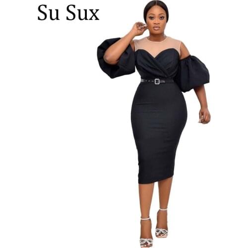 Puff Sleeve Bodycon Dress African Clothes Robe Africa Clothing Solid O Neck High Waist Patchwork Pencil Dress Bandage New Spring