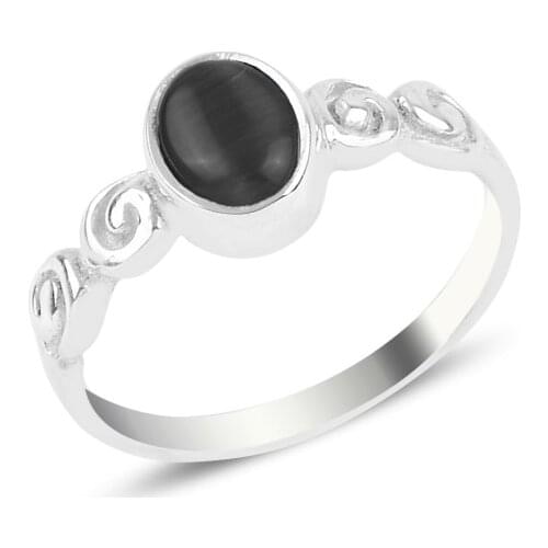 Silver 925 Sterling Black Cat 'S Eye Engagement Ring