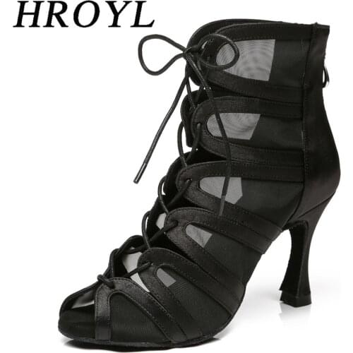 HROYL Professional Latin Dance Shoes For Women Heeled Shoes ZIP-Lace-Up Design Womens Ballroom Dancing Shoes Quality Sandals