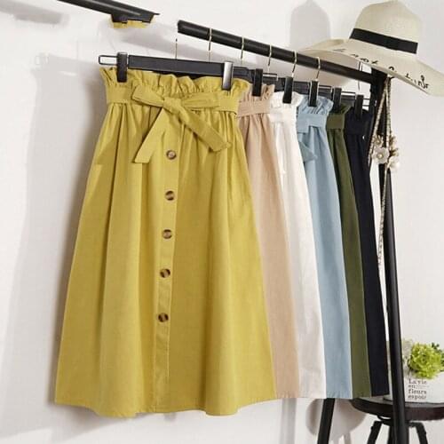 2019 Summer New Fashion Women High Waist Skirt Female Pleated Button Pleated A-Line Elegant Bow Skirts Vestidos