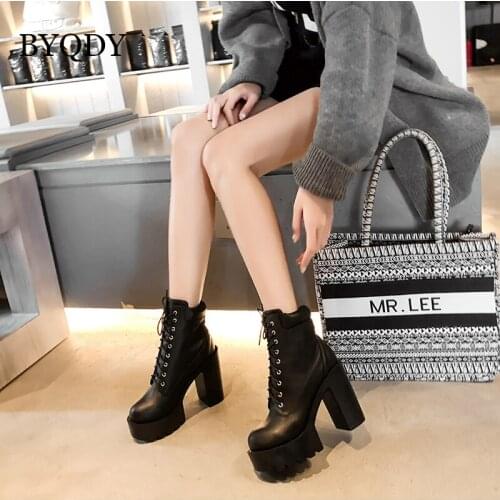 BYQDY Round Toe Biker Combat Boots Women Platform Chunky Block High Heel Punk Shoes Gothic Lacing Buckle Ankle Military Shoes