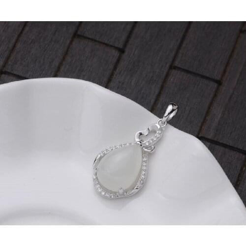 S925 Silver Inlaid Natural Hetian Jade Sheep Fat White Jade Drop-Shaped Female Pendant