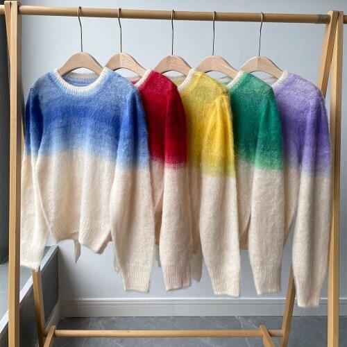 Autumn Woman Mohair Wool Blend Rainbow Gradient Jumper Round Neck Long Sleeves Fashion Candy Color Sweet Sweaters