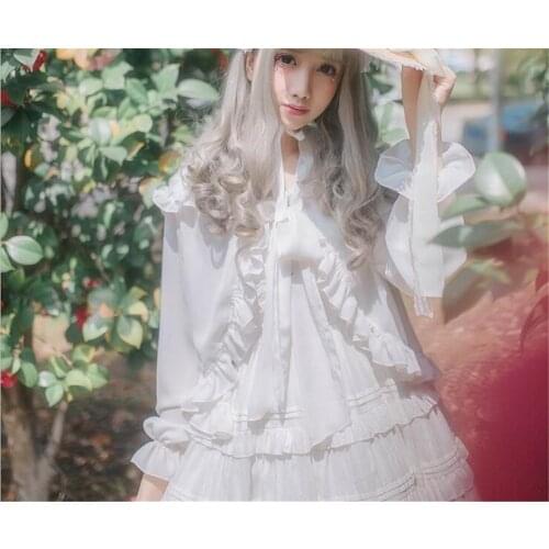 Sweet Long Sleeve Womens Hooded Chiffon Top Ruffled Chiffon Blouse LOLITA cosplay B340