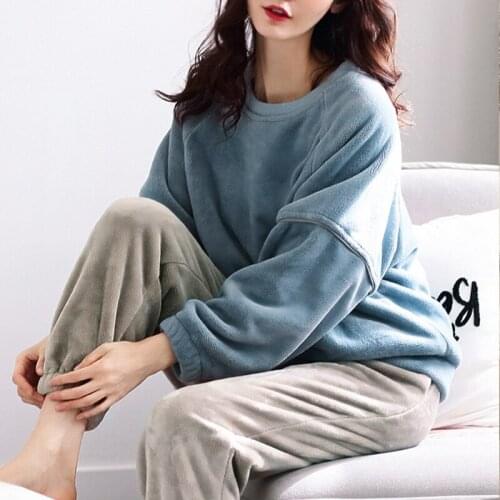 Winter Flannel Pajama Set Womens Flannel Pajamas Thick Warm Solid Nightgown Suit Lounge Wear Round Neck Full Length Sleepwear