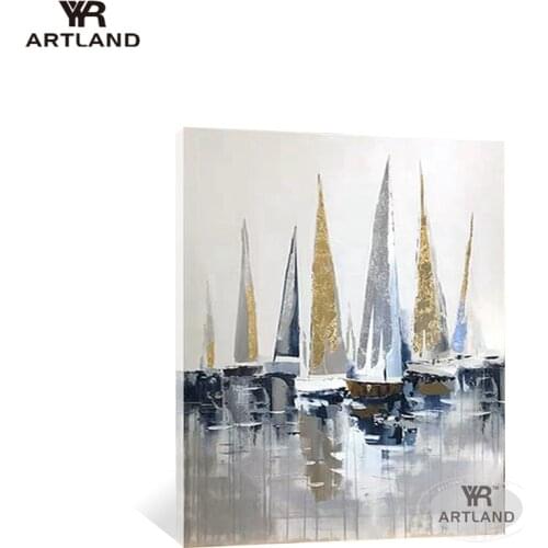 Gold sailboats seascenery for wall decor handmade oil painting on canvas wall art picture poster for living room sofa big size