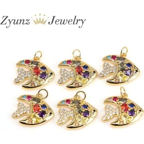 10PCS, Rainbow CZ Pave Fish Pendant, Tropical Fish Pendant, Micro Pave Charm, Marine Life Pendant, DIY Jewelry Supply