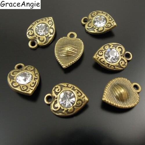 10pcs/pack Vintage Jewelry Antique Style Bronze Tone Hearts Rhinestone Charms Necklace Pendant 11*9*3mm Elegant Women AU37390