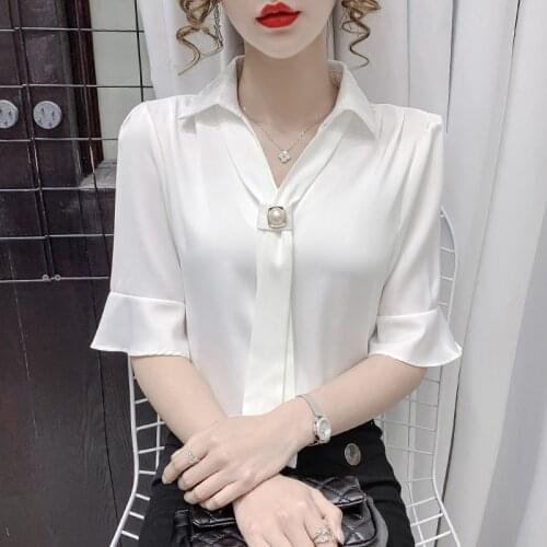 #8305 White Pink Blue Chiffon Blouse Women Short Sleeve Office Tops Sexy Casual Formal Blouse Femme Slim Womens Tops And Blouses