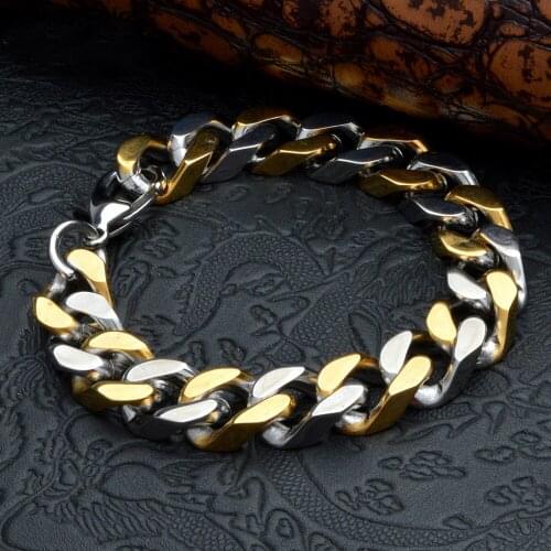 Granny Chic Mens Jewelry Hip Hop Silver Gold High Quality Stainless Steel Curb Link Chain Bracelet 14mm8.66"
