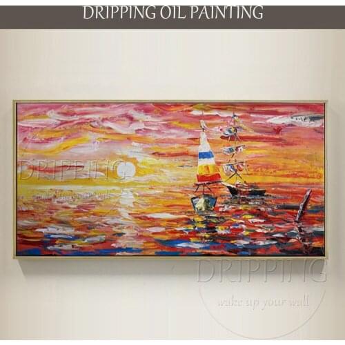 Pure Hand-painted Modern Abstract Wall Art Sailboat Oil Painting on Canvas Abstract Sunset Landscape Sailboats Oil Painting