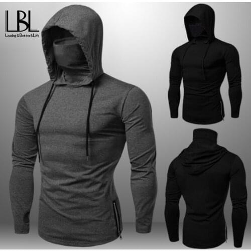 Mens Gym Solid Hooded Casual Long Sleeves Slim Tops Tees Elastic T-shirt Sports Fitness Breathable Quick Dry Hooded T Shirts New