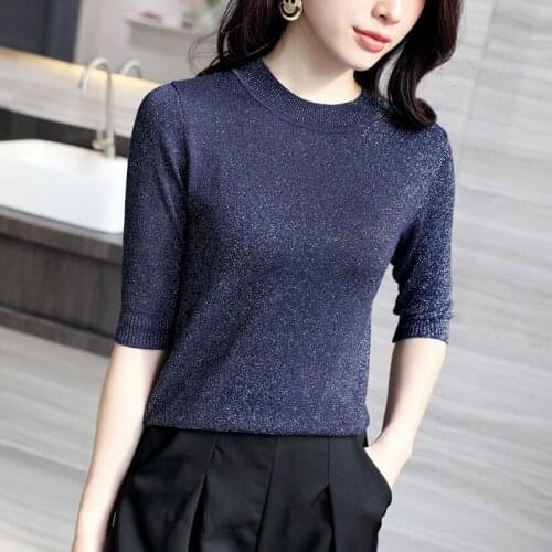 Knitted Women Summer Shiny T Shirt Lurex Glitter Half Sleeve Top Fashion O-Neck Female Basic Slim Tee Shirt Black White