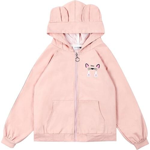 Women Zipper Hooded Jackets Coat Cartoon Cat Print Harakuju Cute Jacket Korean Style Ladies Basic Outwears 2020 Winter Clothes