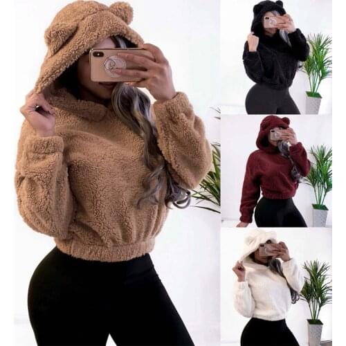 Fashion Soft Plush Warm Hoodies Women Hooded Cute Bear Ear Tops Sweatshirt Female Ladies Winter Long Sleeve Pullovers Streetwear