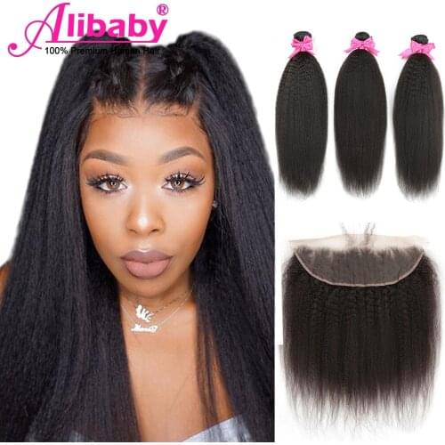 Mongolian Hair Weave Bundles With Frontal Kinky Straight Hair Yaki Human Hair Bundles With Frontal 2 3 4 Bundles With Frontal