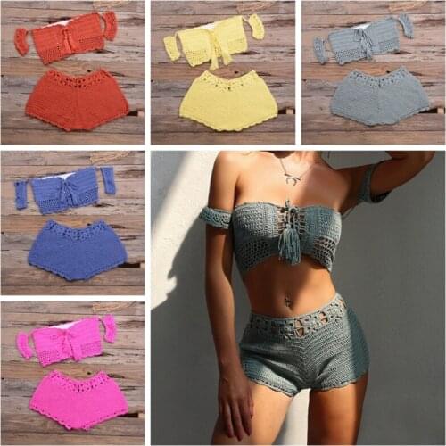 2020 New handmade casual 2PCS/SET beachwear cover up sexy women off shoulder top+ short bottom bikini swimsuit cover ups