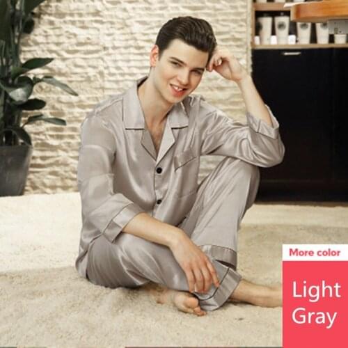 Mens Pajamas Silk Satin Pajamas Set Nightgown Long Top&Long Pants Elastic Waist Pajamas Gray Wine Red Home Clothing Sleepwear