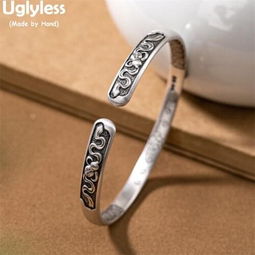 Uglyless Eastern Beauty Solid 999 Pure Silver Bangles for Women Gourds Palm-leaf Fan Thai Silver Bangles 6-Word Mantra Jewelry