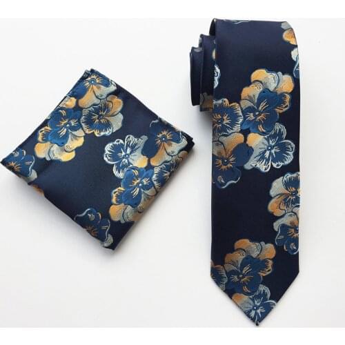 Unique Design Mens Necktie Set Blue Flowers Floral Ties with Handkerchief Dropshipping