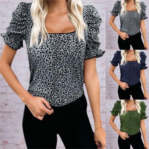 Summer Womens Blouses Leopard Print Shirts For Women Clothing Ruffles O-Neck Butterly Short Sleeves Tops Femme Blusas Y Camisas