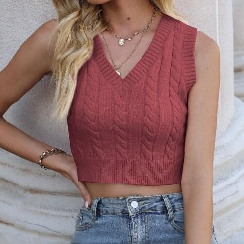 Simple Style Sleeveless Sweater Vest Wild Female Sweet Solid Color V-Neck Fitting Casual Stretch Knitted Cropped Tank Tops
