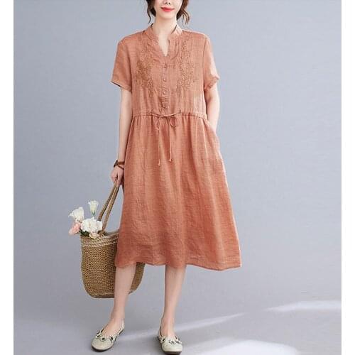 Women Cotton Linen Casual Dress New Arrival 2021 Summer Vintage Style V-neck Embroidery Loose Ladies A-line Long Dresses S3928