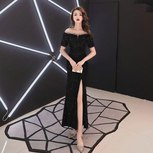 Junoesque Sequins Mermaid Evening Dress Scalloped-Neck Short Sleeve Side Split Prom Dress Slim Was Thin Boho Party Evening Gowns