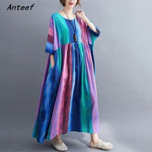 Short sleeve cotton linen vintage stripe dresses for women casual loose long woman summer dress elegant clothes 2021