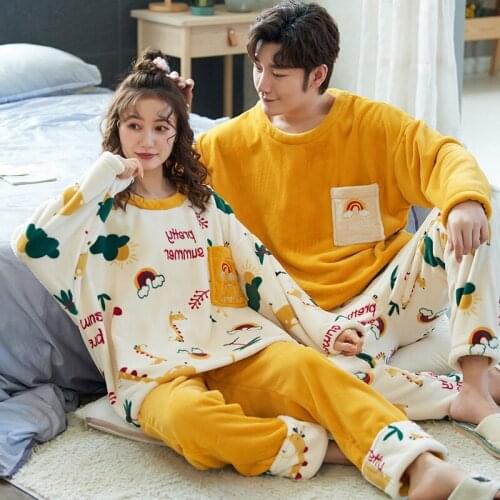2021 Winter Warm Flannel Pajamas Set For Women Coral Velvet Long Sleeve Sleepwear Mens Pajama Pants 2Pcs Couple Casual Home Sets
