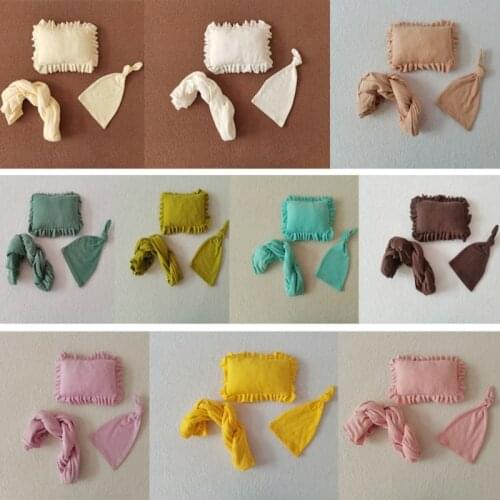 3 Pcs Baby Receiving Blanket+Beanie Cap+Pillow Set Infants Swaddling Wrap Turban Hat Newborn Photography Posing Props 090A
