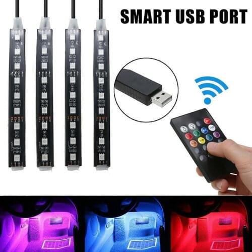 4pcs USB 9 LED RGB Car Interior Atmosphere Lights Strip Lamps Wireless Music Control Automobile Decoration Lamp Ambient Light