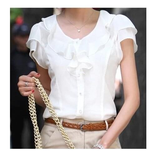 Women OL Ruffle Chiffon Blouse White Shirt Female Short Butterfly Sleeve Shirt Plus Size 5XL Tops Feminina Blusas