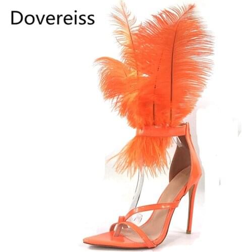 Dovereiss Fashion Womens Shoes summer new Elegant Pure color orange Mature feather Narrow band Sandals big size 43