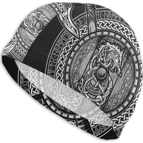 Mens Norse Swim Caps Fenrir Viking Shield (Grayscale) Vikings(1) Bath Cap Swimwear For Swim in the Pool
