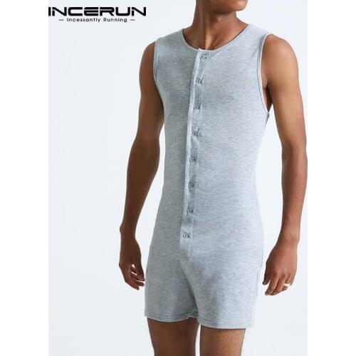 INCERUN Summer Men Pajamas Rompers Solid Color O Neck Sleeveless Homewear Jumpsuits Button Cozy Leisure Nightwear Men Playsuits