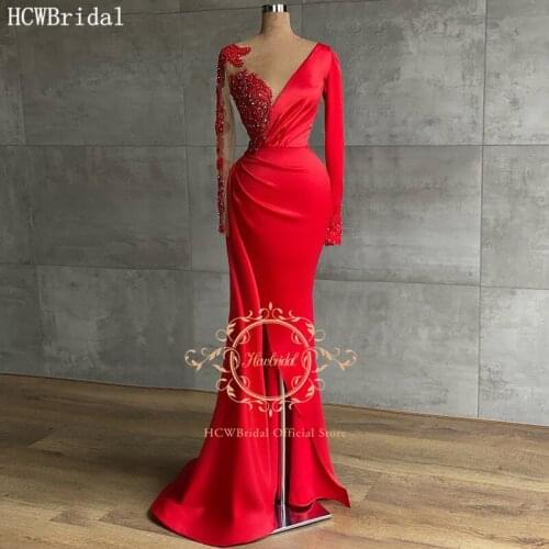 Red Mermaid Long Evening Dress With Sleeves Sheer Crystals Sexy Prom Gowns With Slit Customize Women Formal Occasion Party Dress